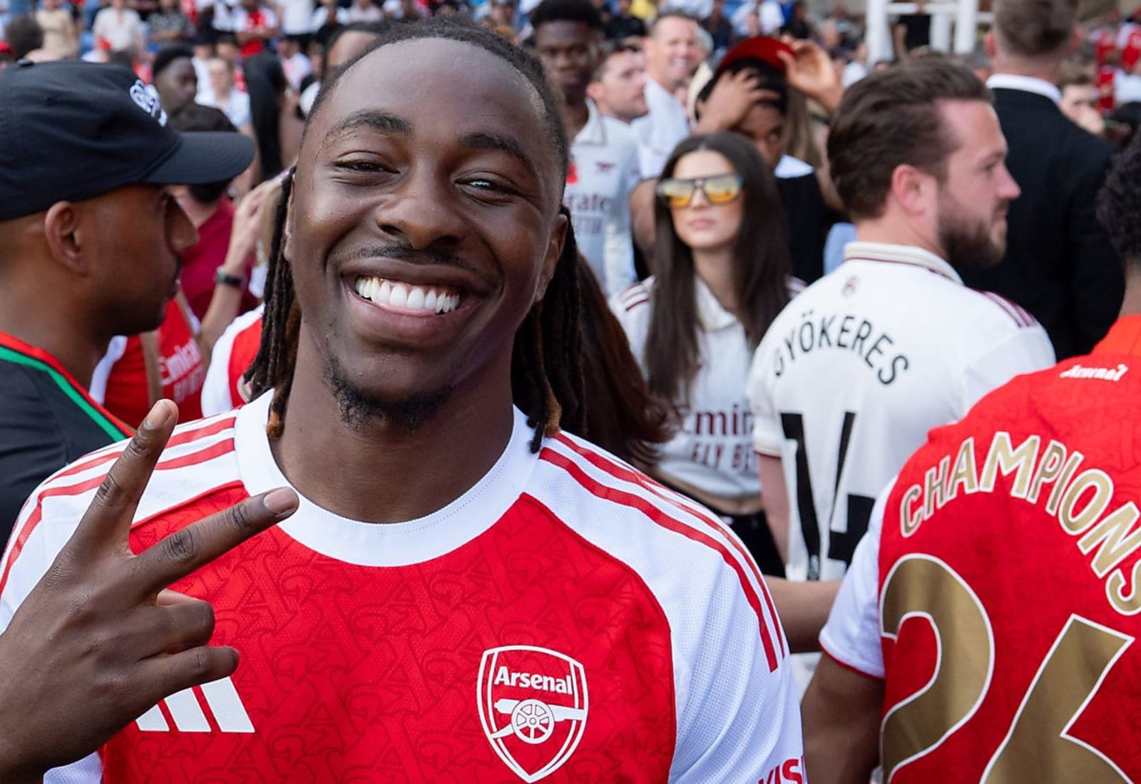 Eberechi Eze celebrating with Arsenal teammates, symbolising Nigerian pride ahead of the Champions League final